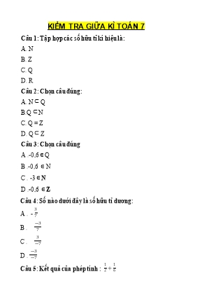 Đề ôn tập kiểm tra 1 tiết môn Toán 7